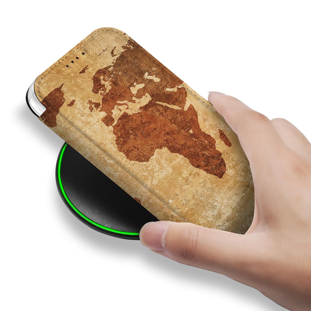 Apple iPhone 17 Book Case Wereldkaart wereldkaart design hand aanzicht