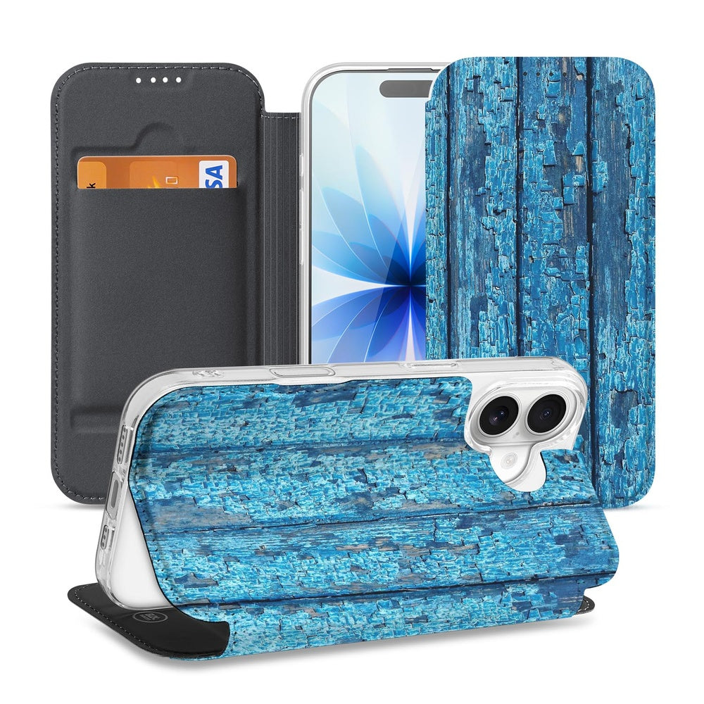 Apple iPhone 17 Book Case Wood Blue boekcase afgebladderd blauw hout aanzicht