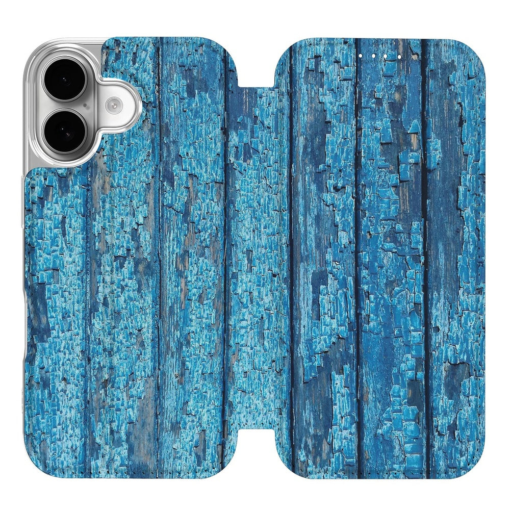 Apple iPhone 17 Book Case Wood Blue design Blue hout aanzicht