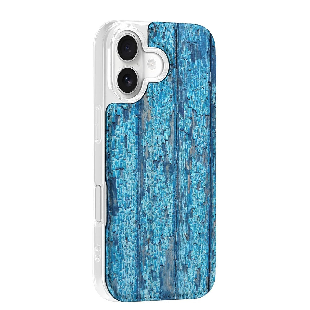 Apple iPhone 17 Book Case Wood Blue design blauw hout aanzicht