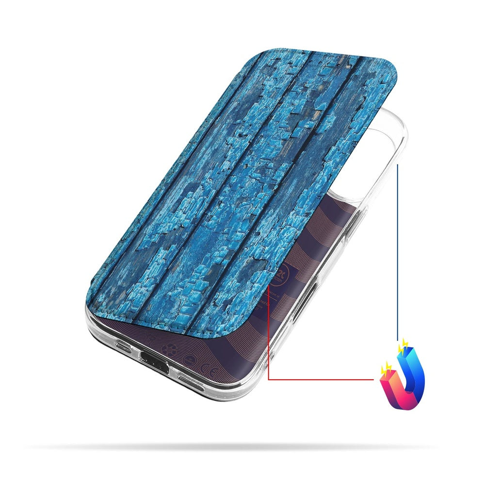Apple iPhone 17 Book Case Wood Blue boek hoes afgebladderd blauw hout aanzicht