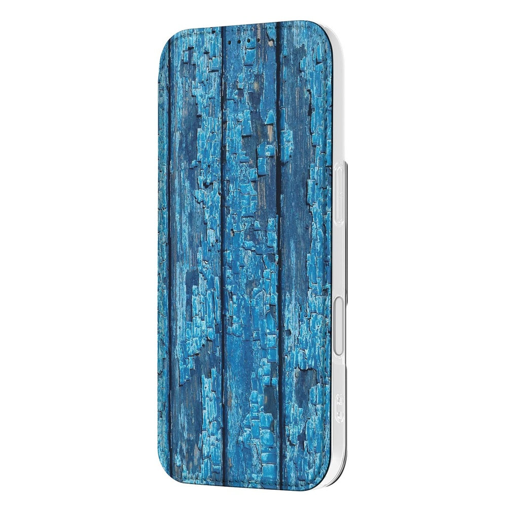 Apple iPhone 17 Book Case Wood Blue design naam zijkant