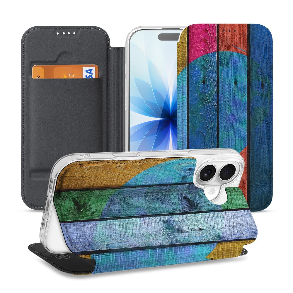 Apple iPhone 17 Book Cover Wood Heart boek hoes voorkant achterkant kleurrijk ontwerp