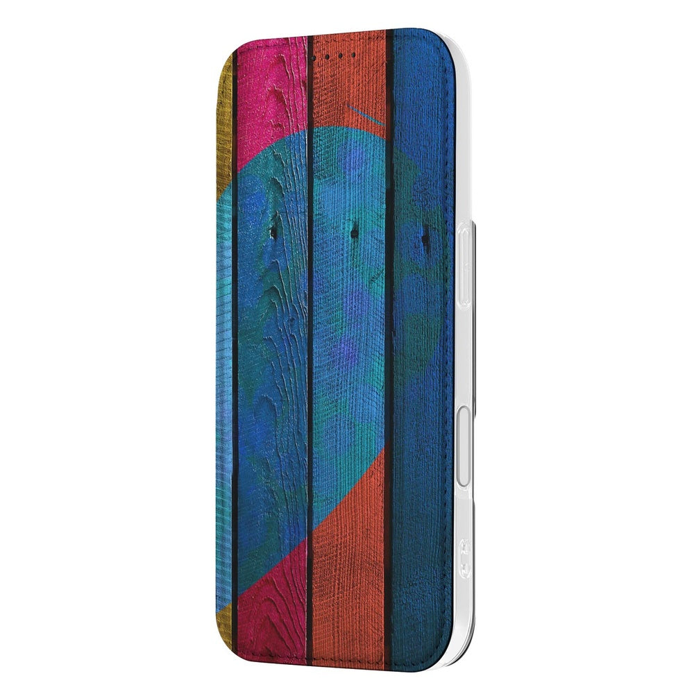 Apple iPhone 17 Book Cover Wood Heart zijaanzicht kleurrijk houtpatroon