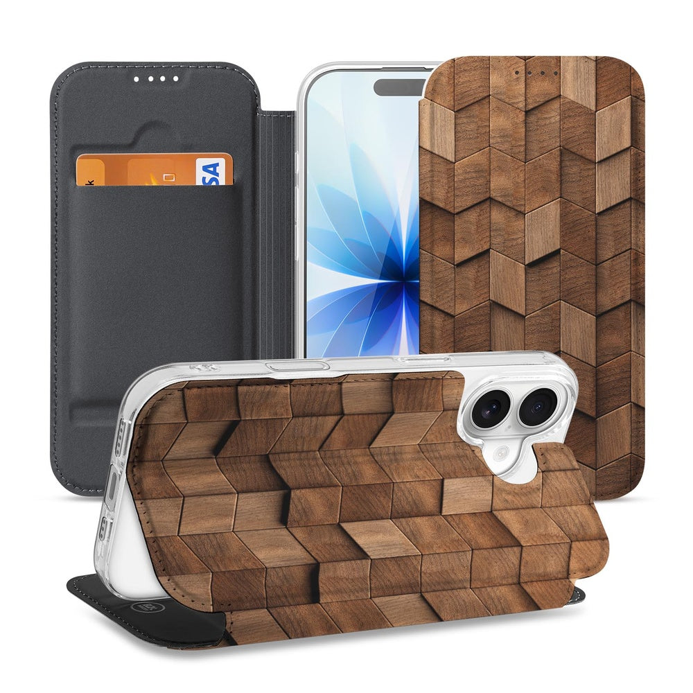 Apple iPhone 17 Bookcase Wooden Cubes telefoonhoesje houten design vooraanzicht