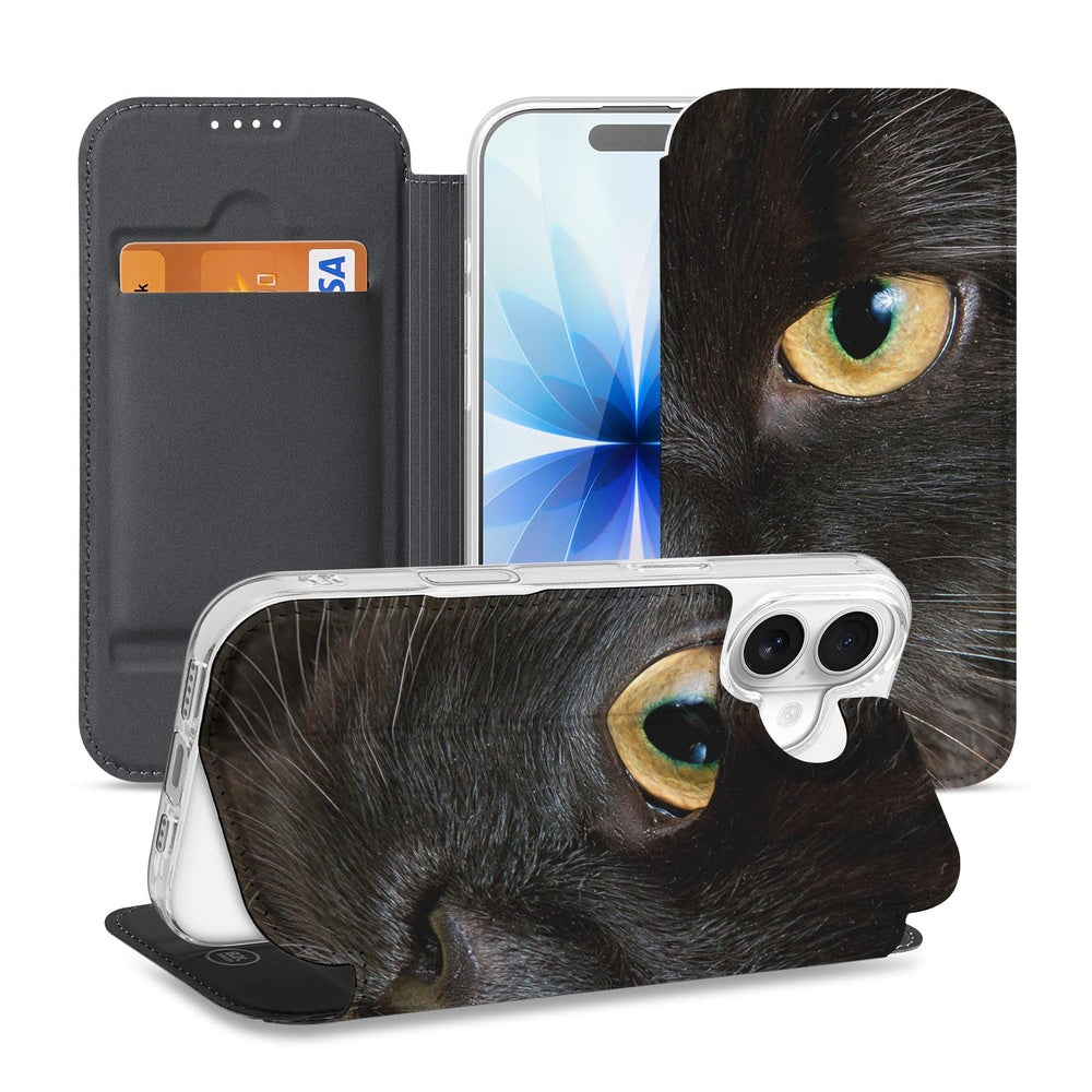 Apple iPhone 17 Book Wallet Case Zwarte Kat kattenprint hoesje aanzicht