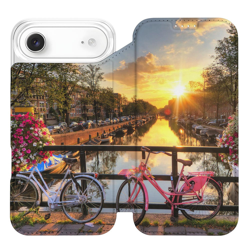 iPhone Air Book Case Amsterdamse Grachten standcase design met zonsondergang bloempakketten fietsen