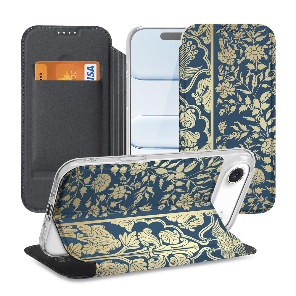 iPhone Air Smart Cover Hoesje Beige Flowers design beige bloemen donkerblauw aanzicht