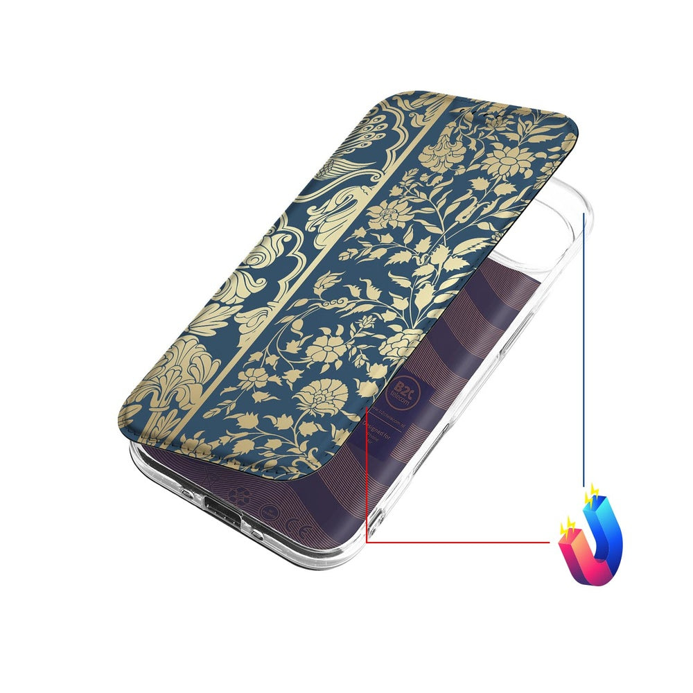 Apple iPhone Air Smart Cover Hoesje Beige Flowers achteraanzicht bloemenmotief donkerblauw