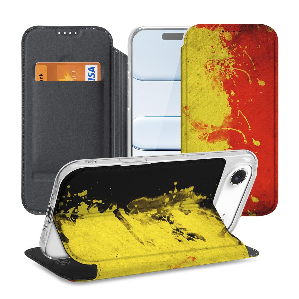 Apple iPhone Air Book Case Belgie standcase zwart geel rood vooraanzicht