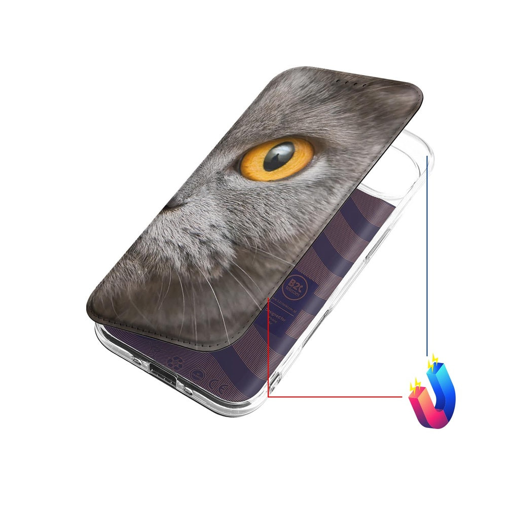 Apple iPhone Air Bookcase Britse Korthaar hoesje grijs kat close-up