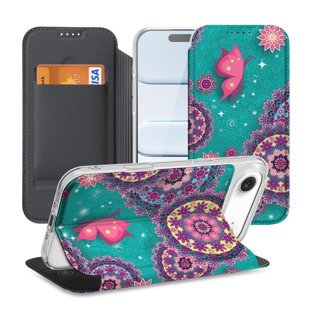 Apple iPhone Air Book Wallet Case Cirkels en Vlinders met kleurrijke print vlinders en cirkels voorzijde