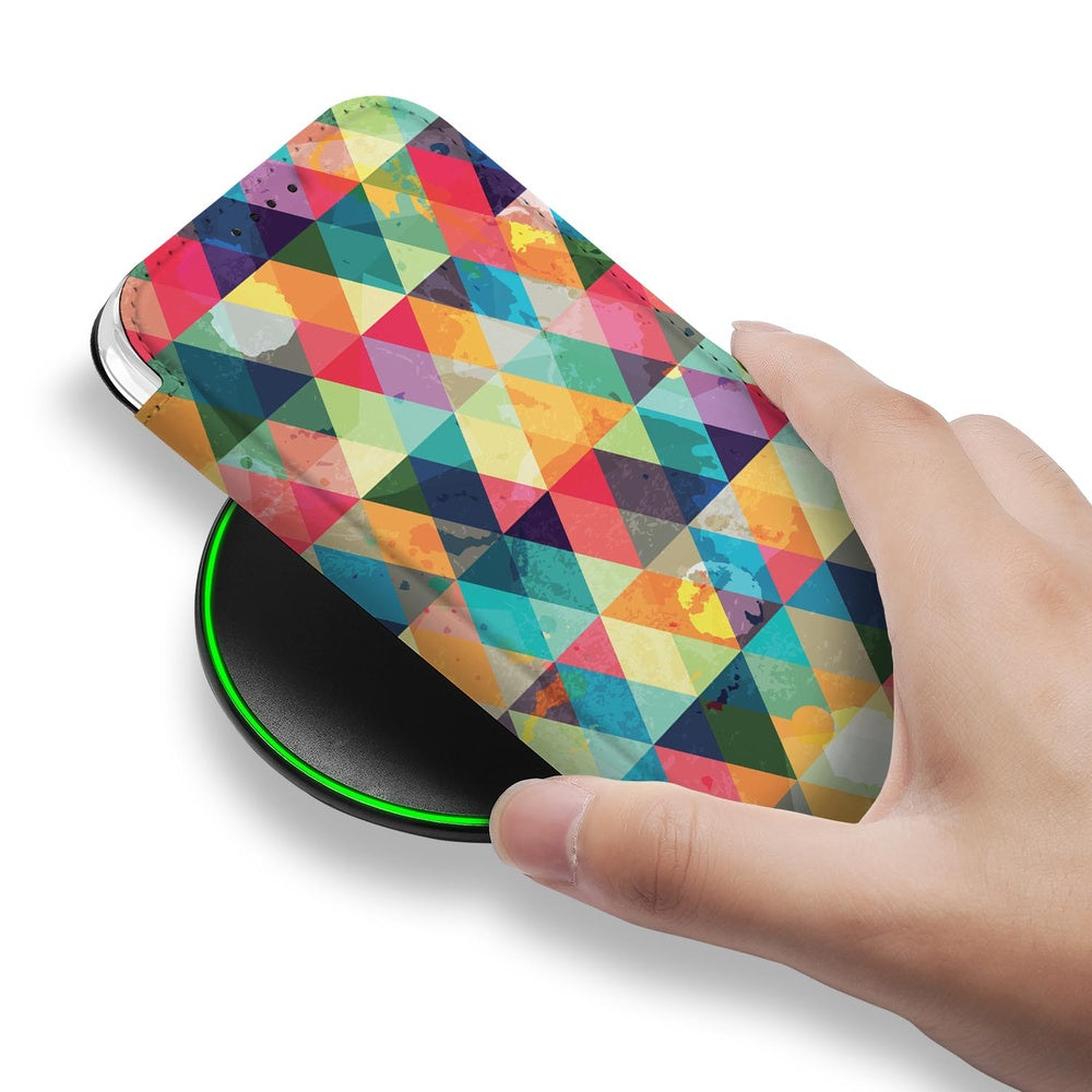 Apple iPhone Air Book Case Geruit kleurrijk patroon hand aan draadloze oplader