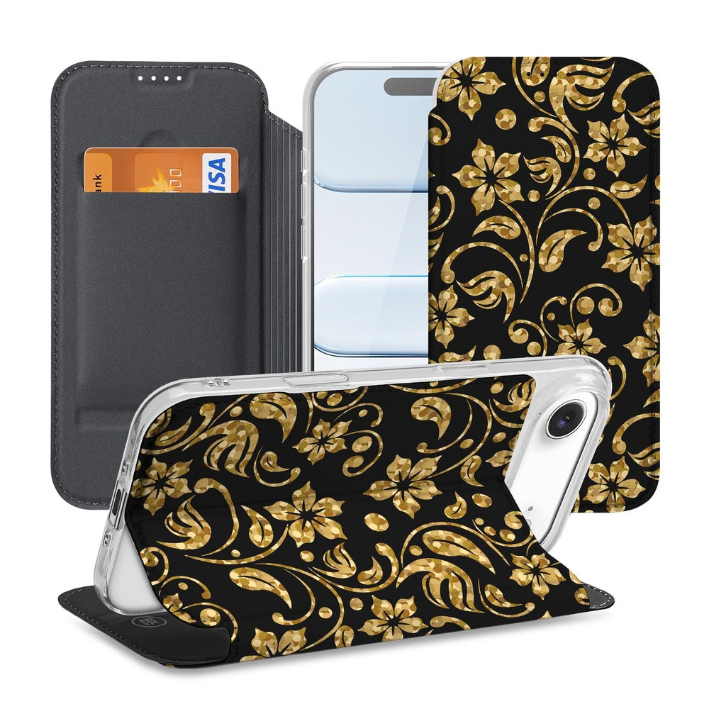 Bookcase Apple iPhone Air Gouden Bloemen hoes zwarte achtergrond gouden bloemenmotieven