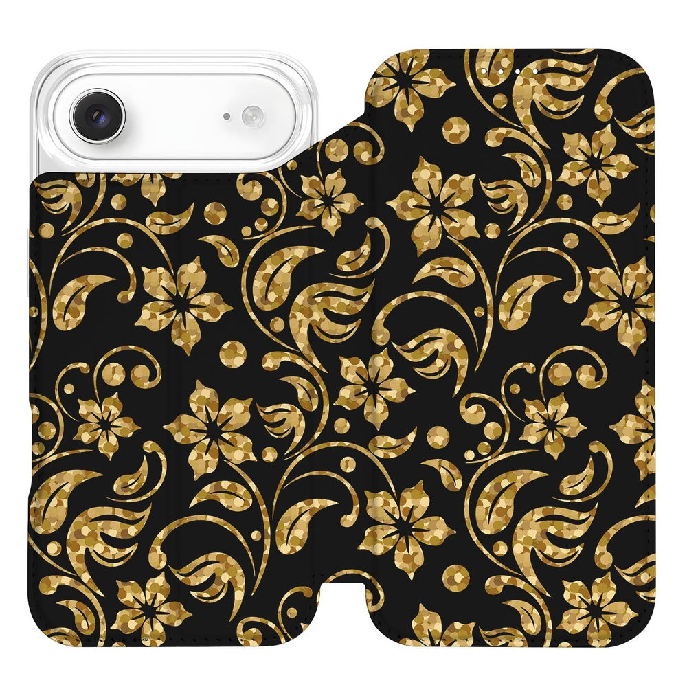 Bookcase Apple iPhone Air Gouden Bloemen hoes design gouden bloemen zwart aanzicht