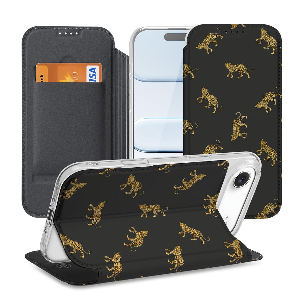 Book Wallet Case Apple iPhone Air Leopards leopardenprint zwart goud design standcase voorzijde