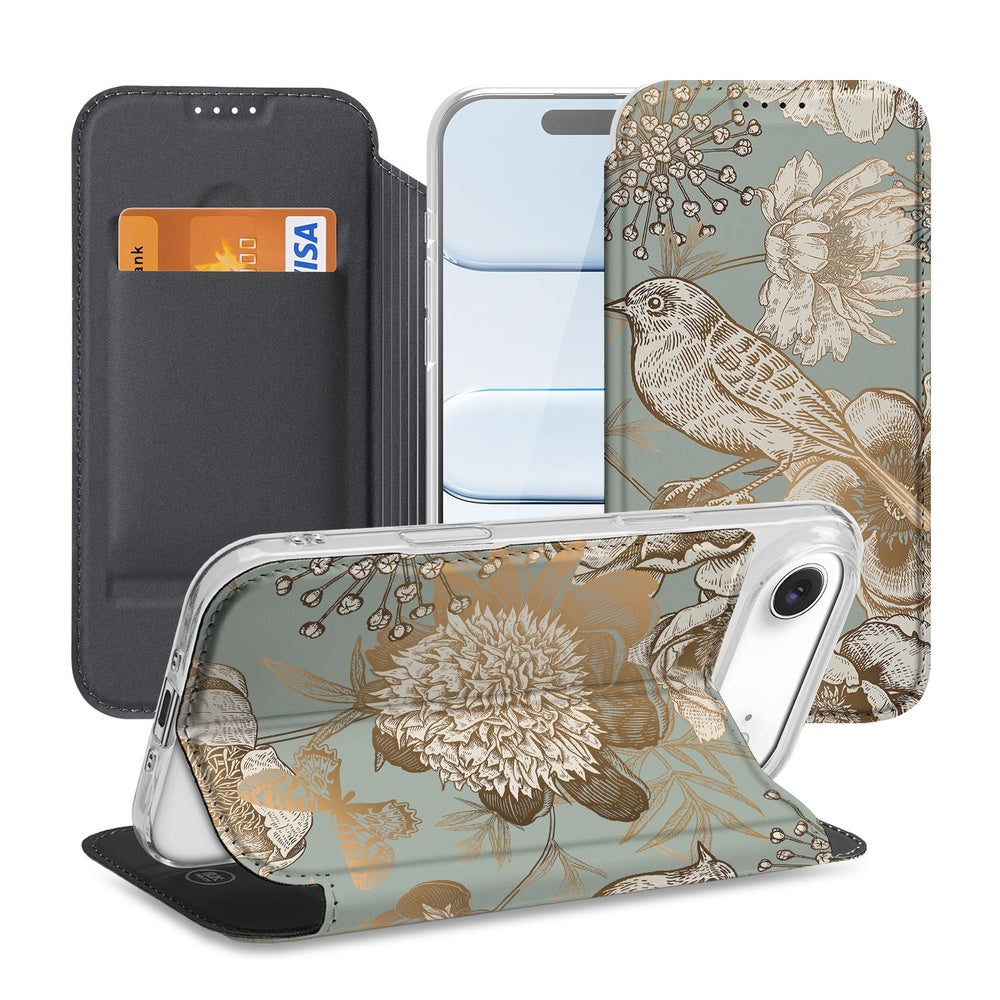 Apple iPhone Air Book Case Vintage Bird Flowers design voorzijde achterzijde zijaanzicht