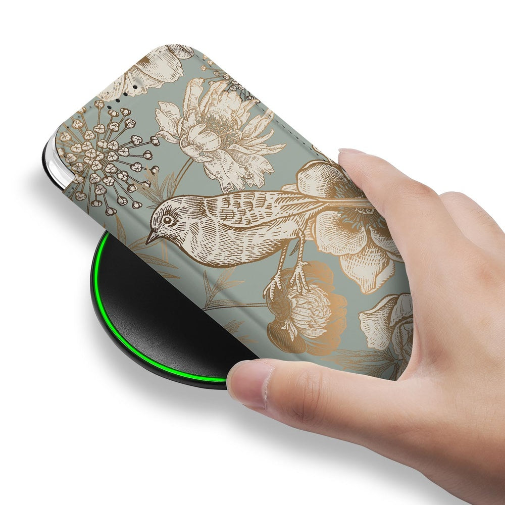 Apple iPhone Air Book Case Vintage Bird Flowers hand aanzicht