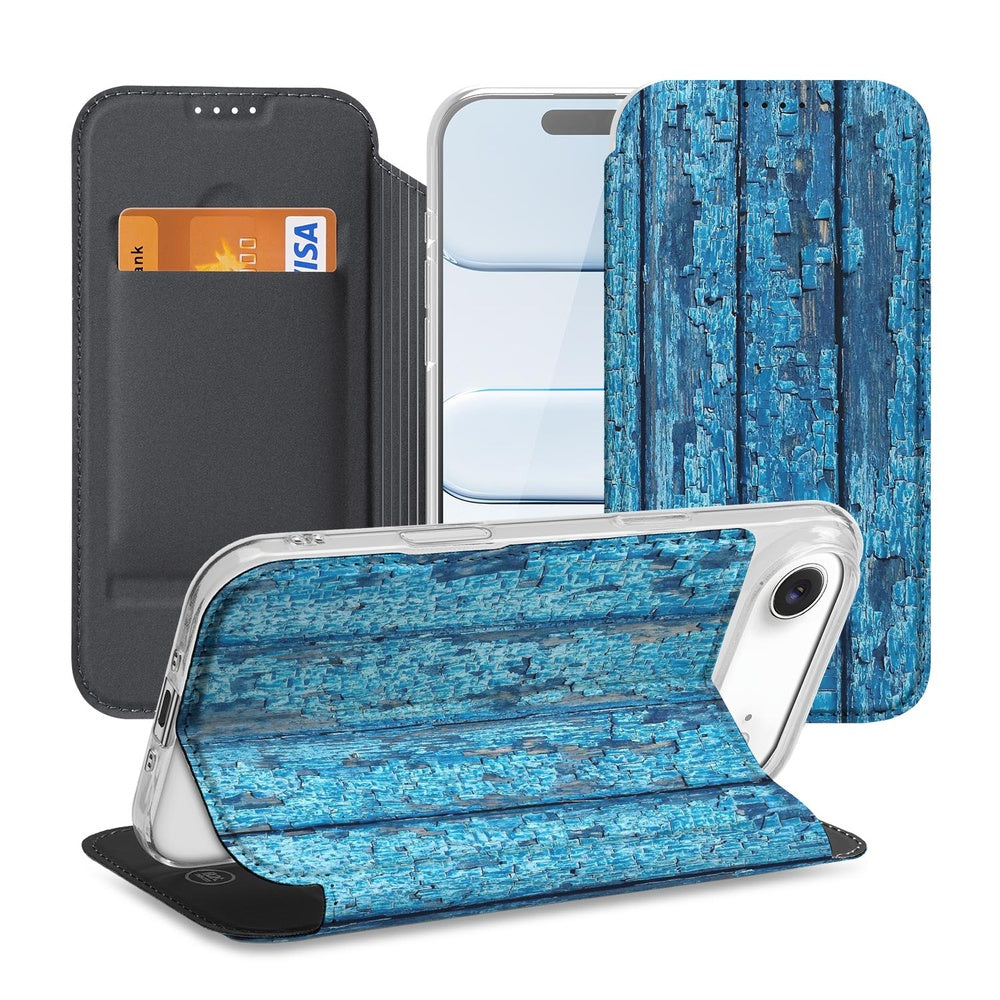 iPhone Air Book Wallet Case Wood Blue hoes design blauw hout aanzicht