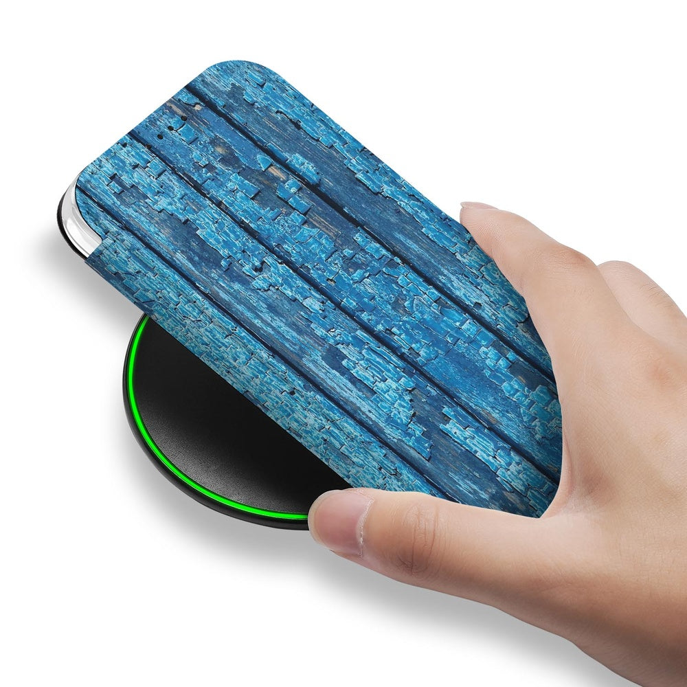 iPhone Air Book Wallet Case Wood Blue case blauw hout draadloos opladen hand