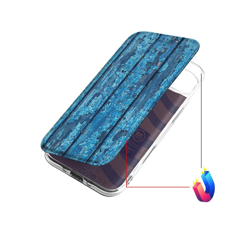 iPhone Air Book Wallet Case Wood Blue hoesje blauw hout bovenaanzicht