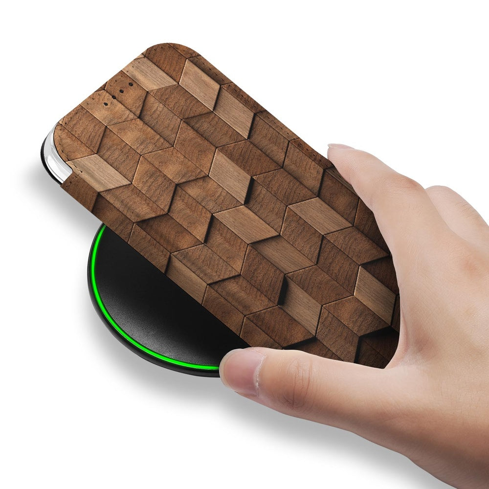 Apple iPhone Air Standcase Hoesje Wooden Cubes hoesje aanzicht hand oppervlakte