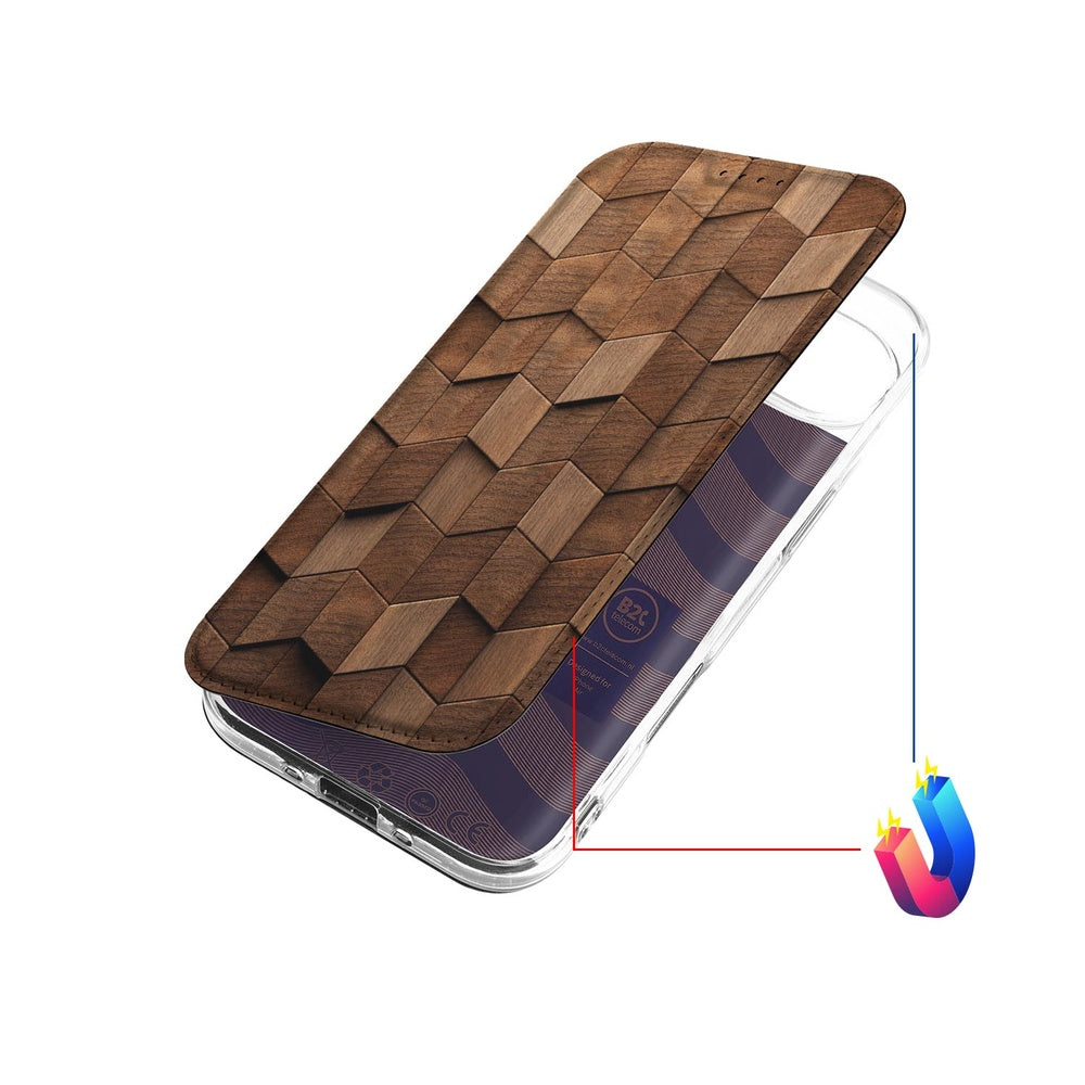 Apple iPhone Air Standcase Hoesje Wooden Cubes houten design achterkant bovenaanzicht
