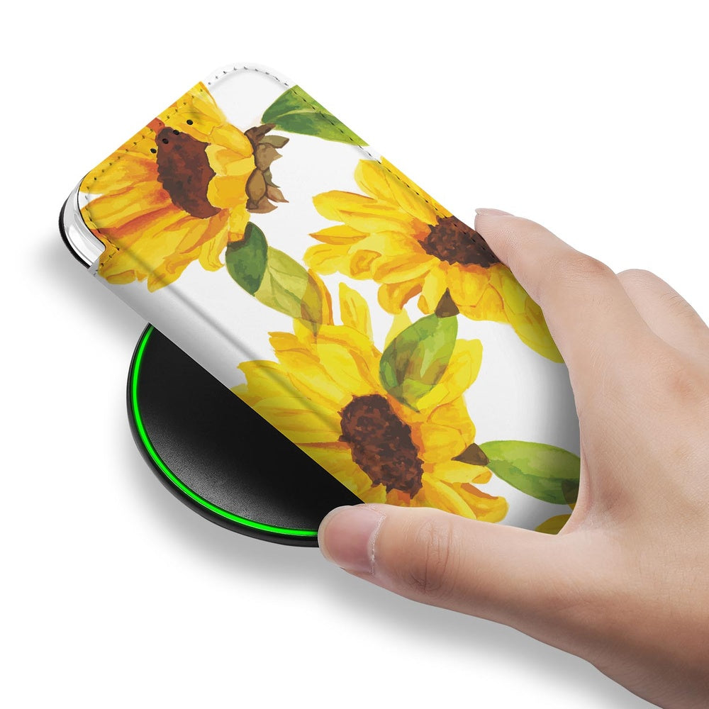 Apple iPhone Air Smart Cover Hoesje Zonnebloemen hand boven draadloze oplader close-up