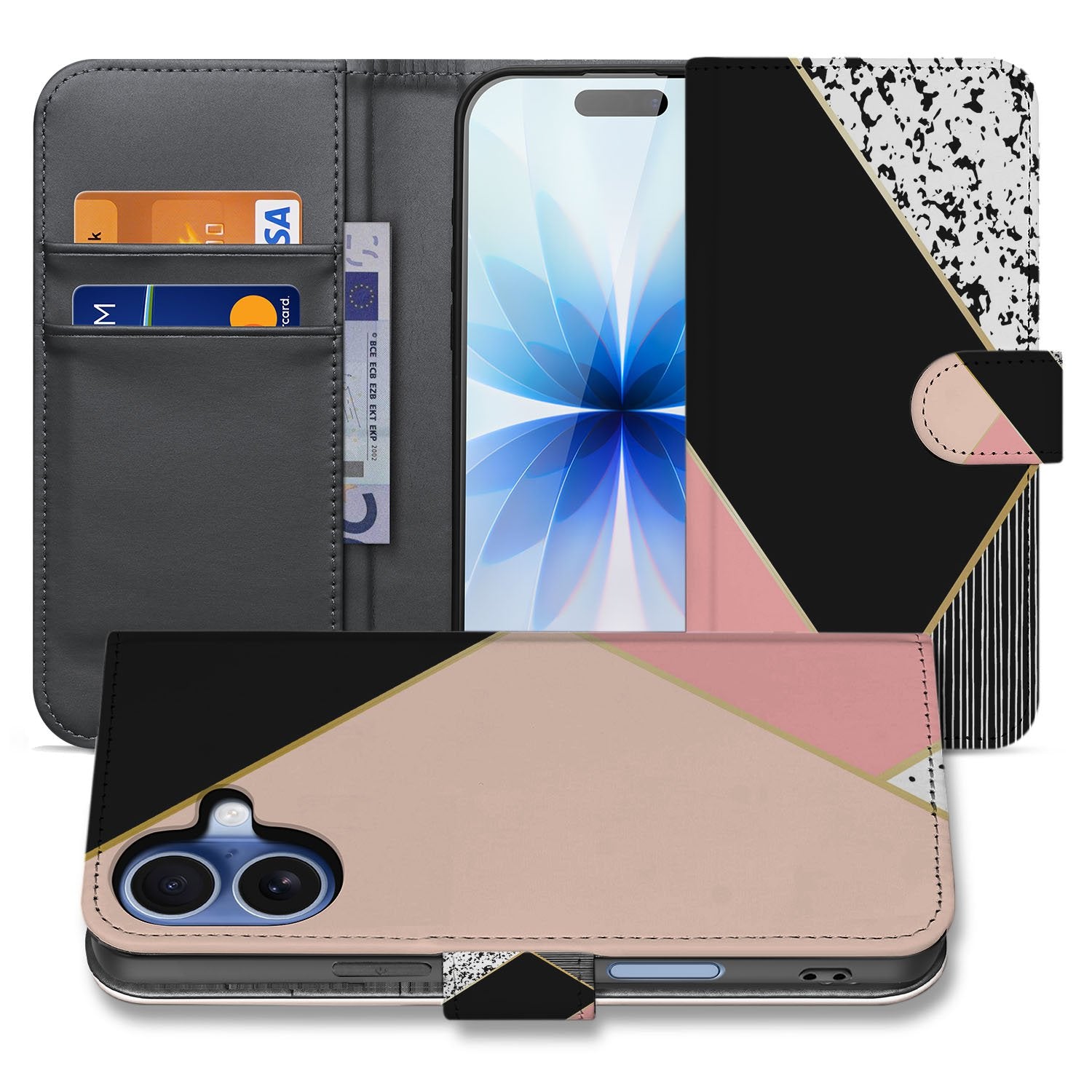 Abstract Black Pink Shapes Hoesje Voor iPhone 17 Book Case design abstract zwart roze aanzicht