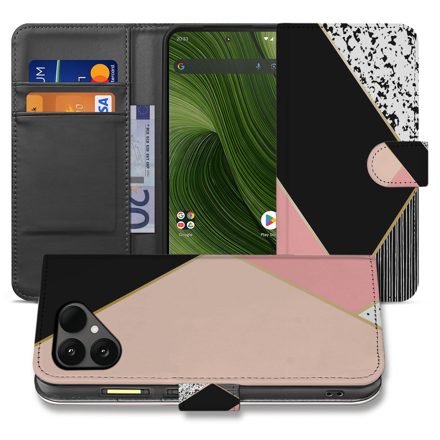 Abstracte Zwart Roze Met Pasjes Fairphone 6 Bookcase Hoesje voorkant aanzicht