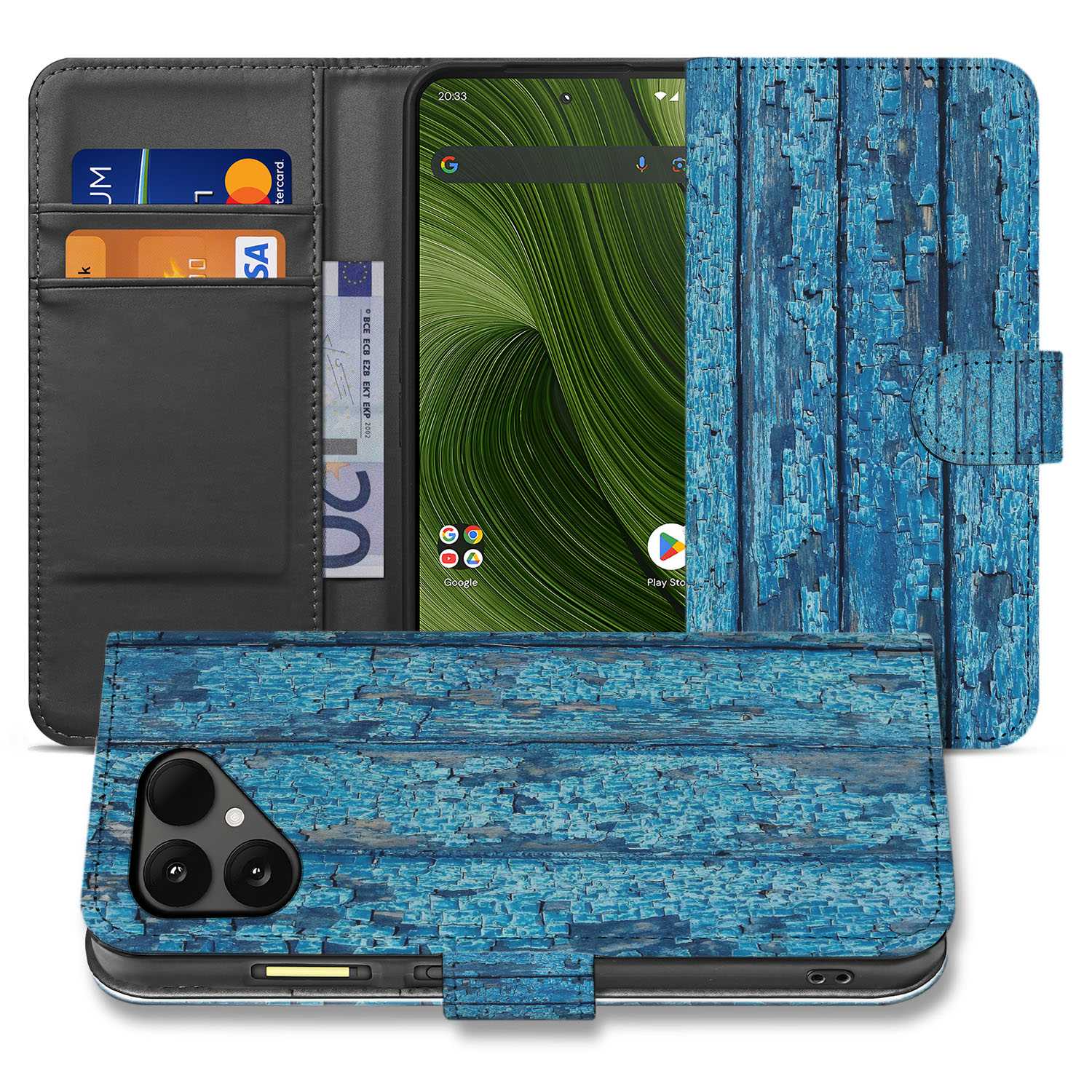 Afgebladderd Blauw Hout Met Pasjes Fairphone 6 Book Case voorkant binnenkant