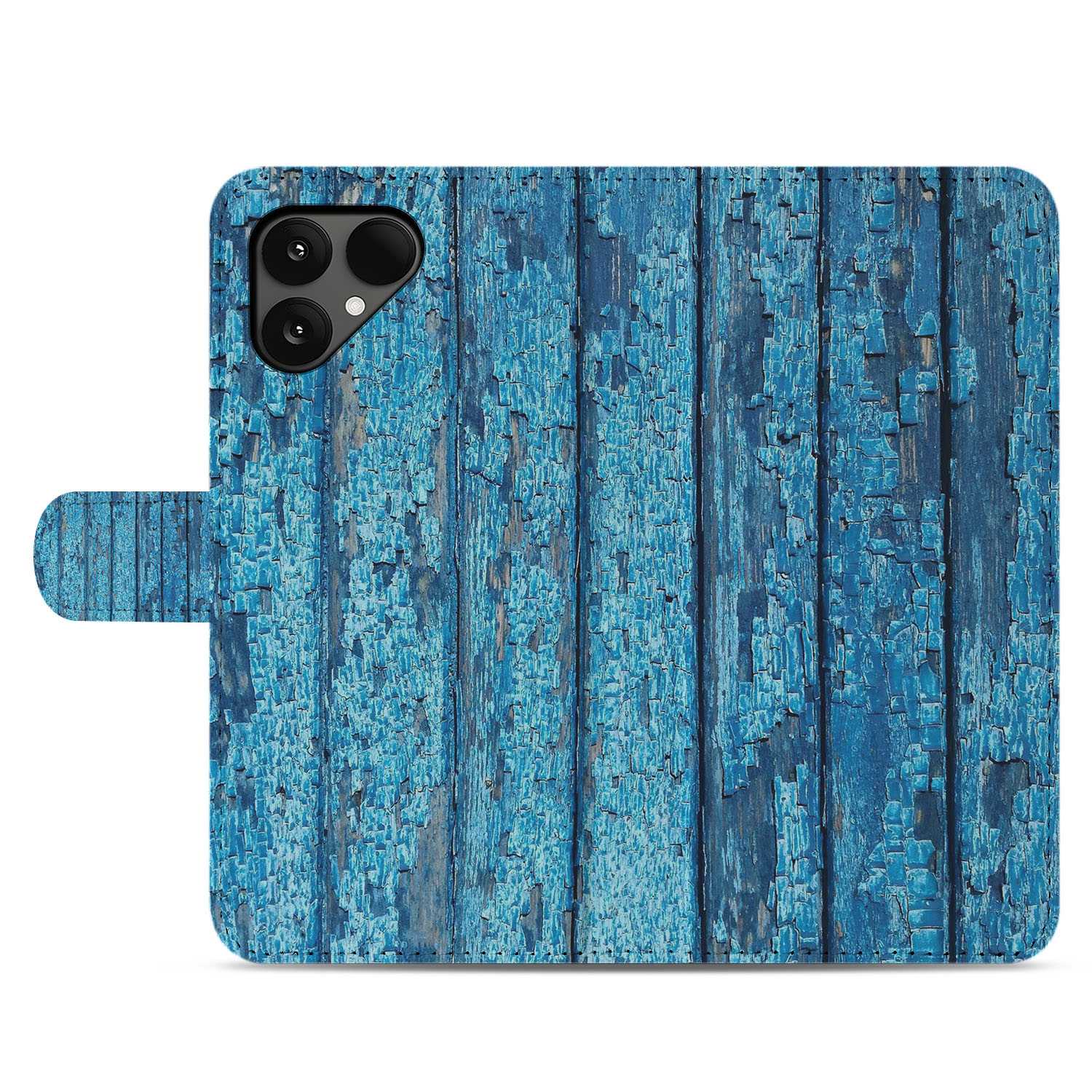 Afgebladderd Blauw Hout Met Pasjes Fairphone 6 Book Case achterkant blauw hout