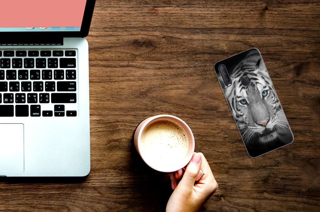 Alcatel 1S (2020) TPU Hoesje Tijger laptop koffie tijger