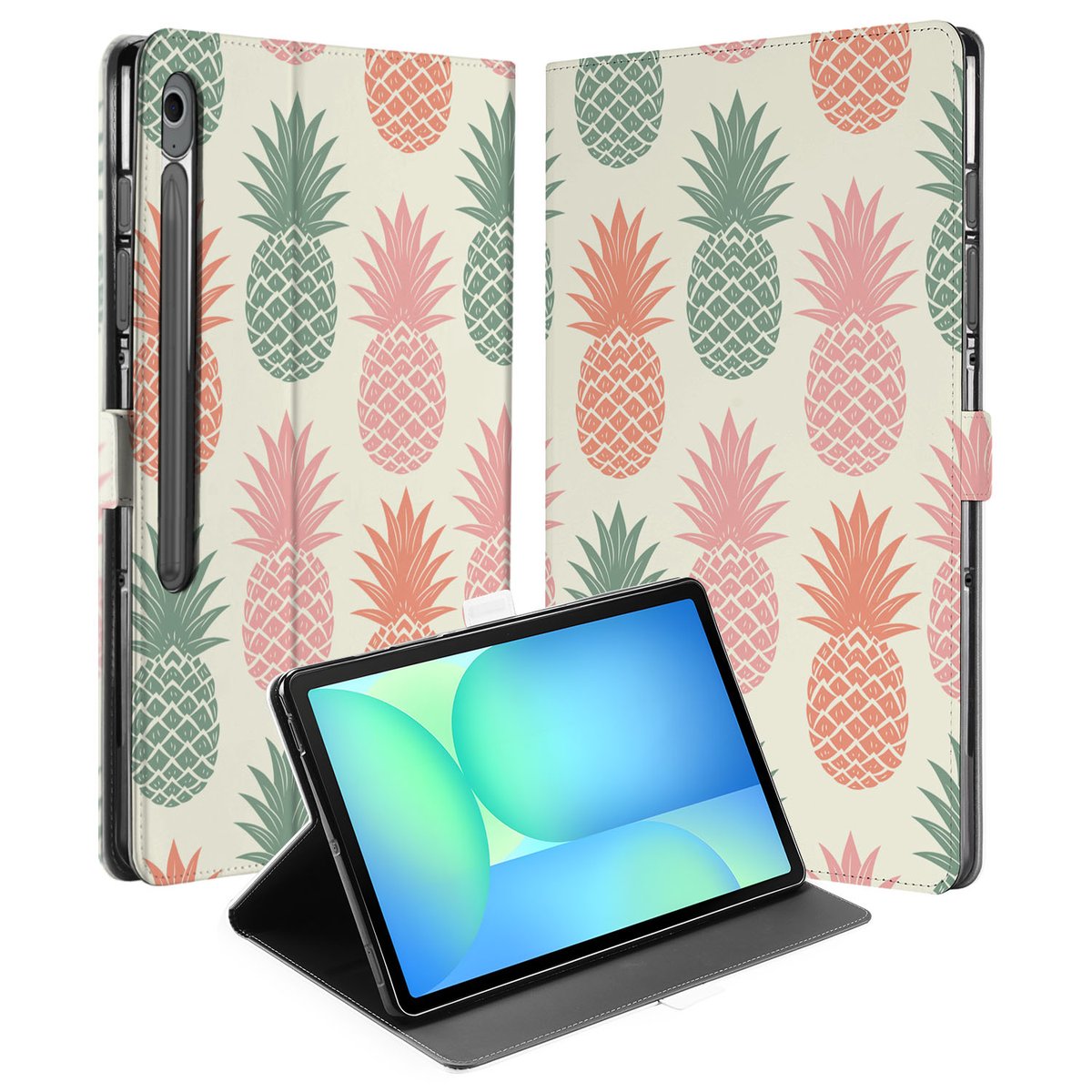 Ananas Book Case Hoesje met Standaard Samsung Galaxy Tab S10 FE Plus ananas patroon open aanzicht