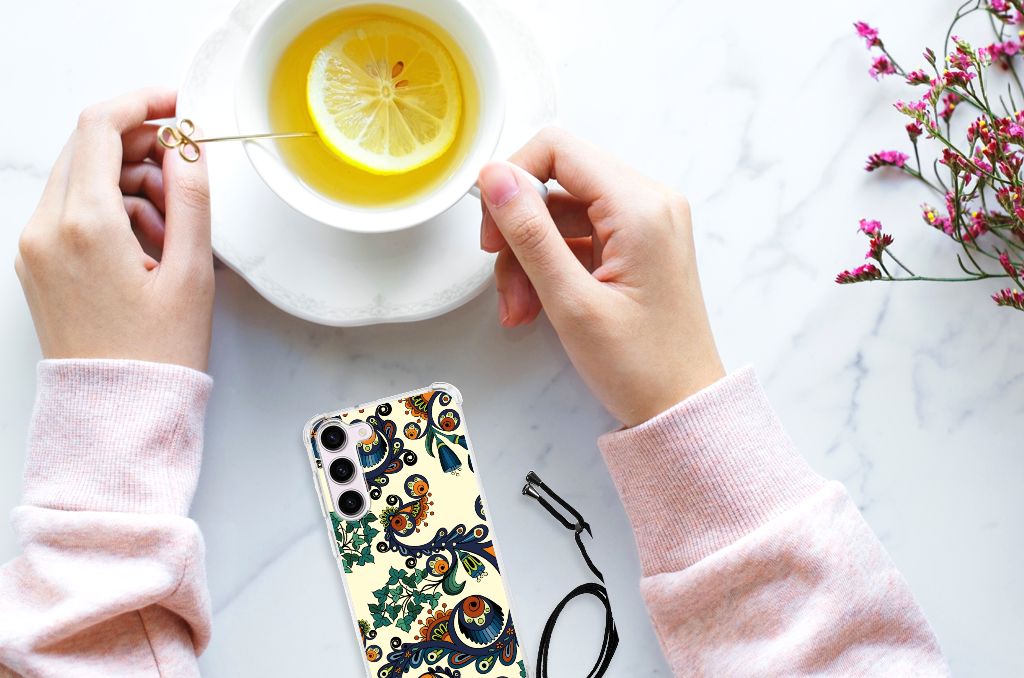 Samsung Galaxy S23 Anti Shock Case Barok Flower bovenkant met handen en kopje thee