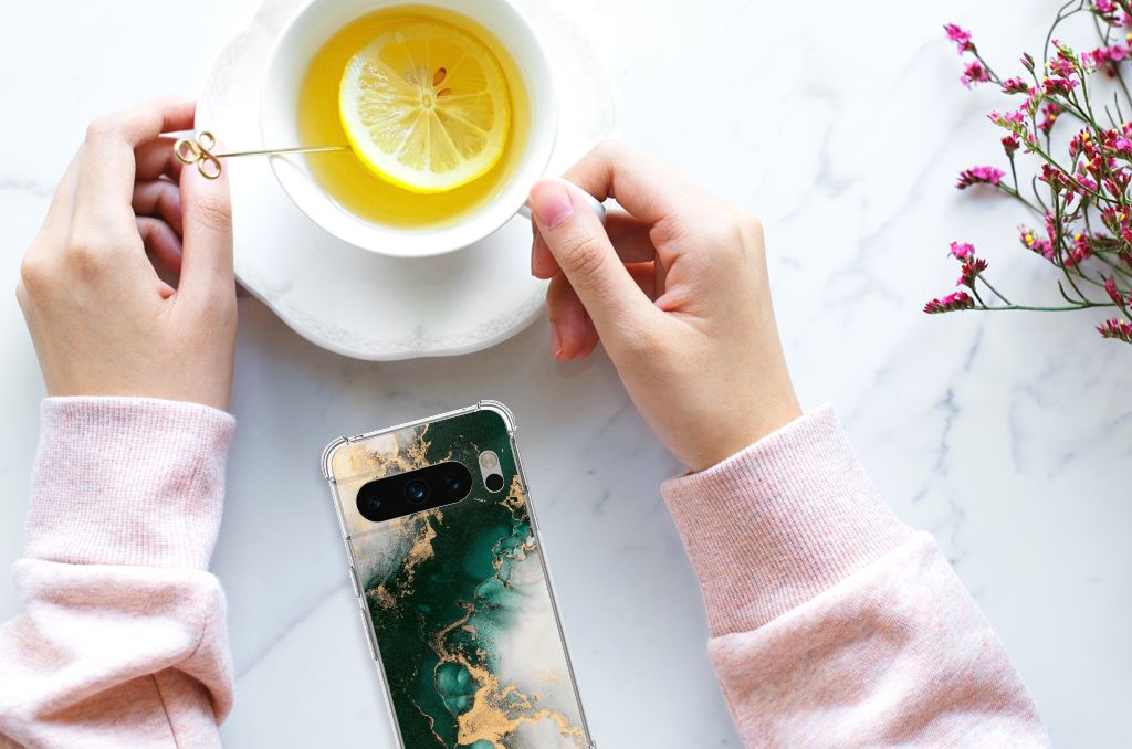 Google Pixel 8 Pro Anti-Shock Hoesje Marmer Groen Voorkant.