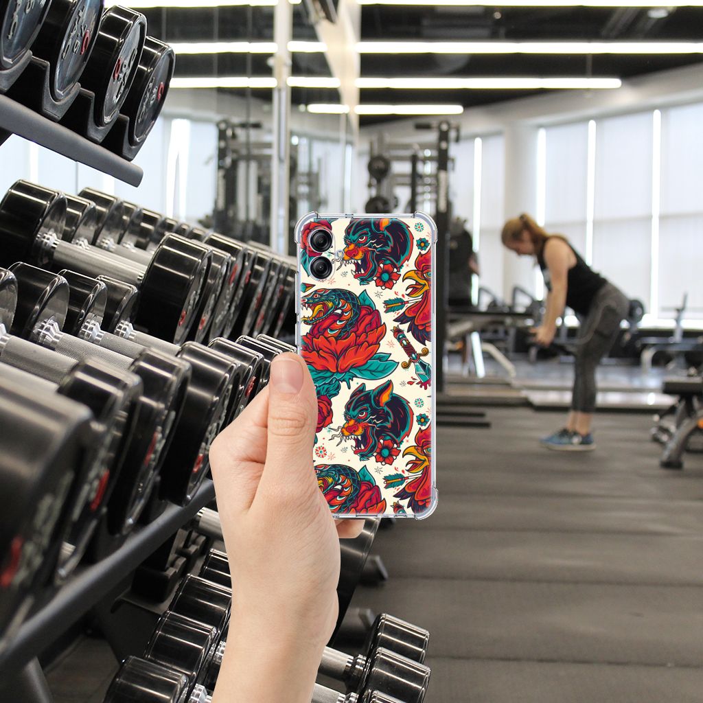 Samsung Galaxy A04e Anti-shock Hoesje met foto Old Skool design hand met bloemen patroon in sportschool