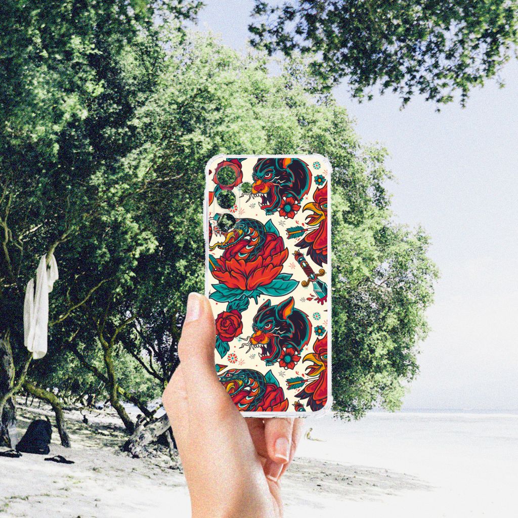 Samsung Galaxy A15 Anti-shock Hoesje met foto old skool design hand met bloemen en tatoeages