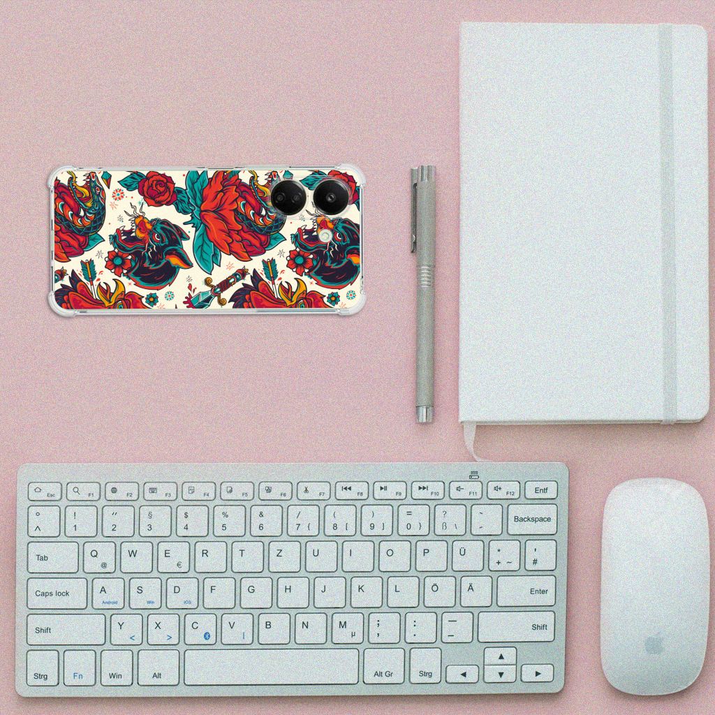 Xiaomi Redmi 13C 4G Anti-shock Hoesje met foto Old Skool bovenaanzicht toetsenbord notebook pen muis