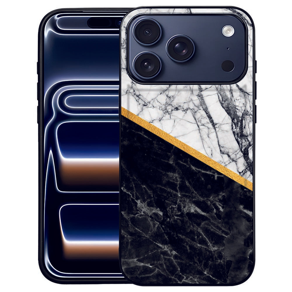 Apple IPhone 17 Pro Max Hoesje Marble White Black Zwart TPU Rand marmer zwart design achterkant