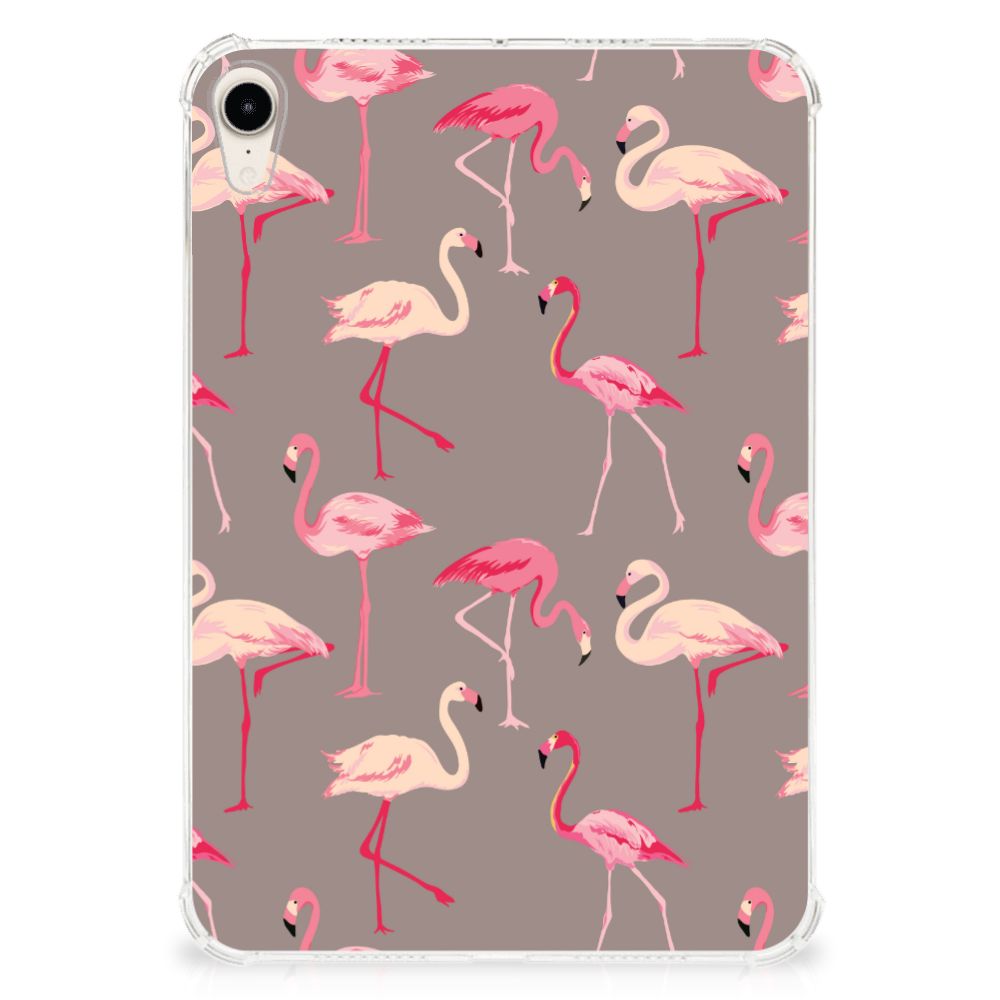 Apple iPad mini 6 (2021) Back Case Flamingo met kleurrijke flamingo's op een grijze achtergrond.