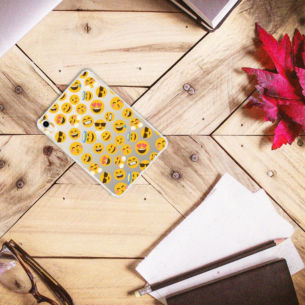Apple iPad mini 6 (2021) Hippe Hoes Emoji met vrolijke gele emoticons op een houten tafel.