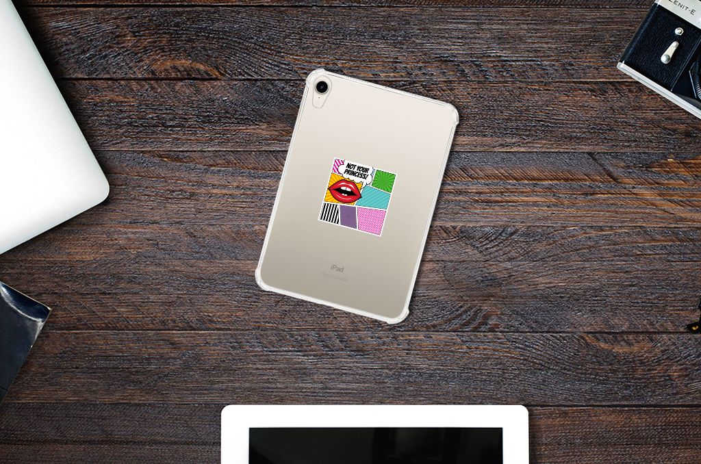Apple iPad mini 6 (2021) Leuke Siliconen Hoes Popart Princess op houten tafel met andere gadgets.