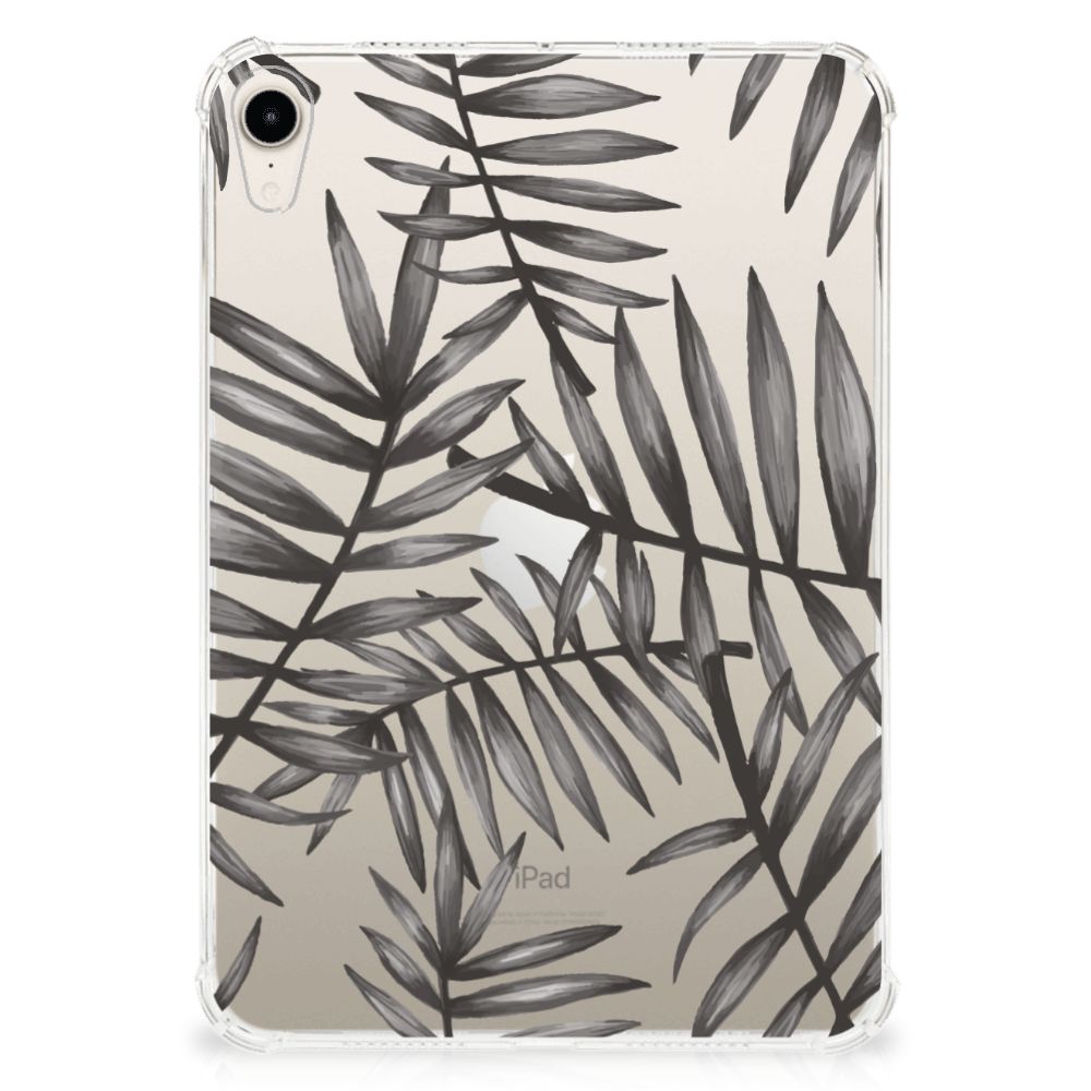 Apple iPad mini 6 (2021) Siliconen Hoesje Leaves Grey met een elegant bladerenpatroon op de achterkant.