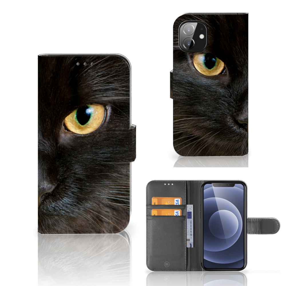 Apple iPhone 12 Mini Telefoonhoesje met Pasjes Zwarte Kat design zwarte kat aanzicht
