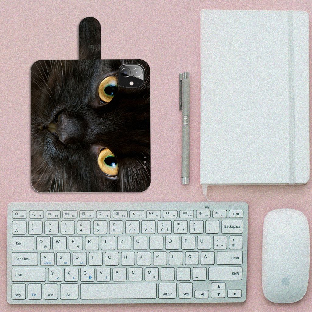 Apple iPhone 12 Mini Telefoonhoesje met Pasjes Zwarte Kat kat design bovenaanzicht