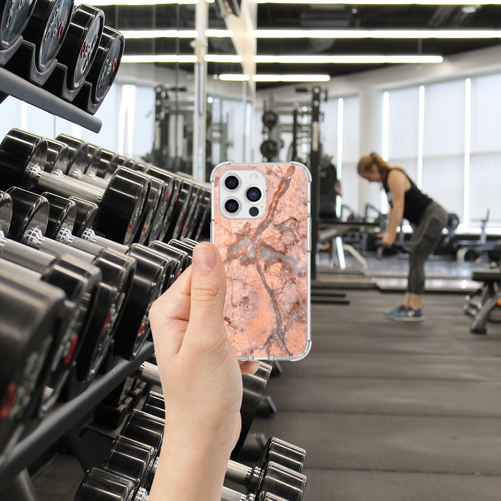 Apple iPhone 13 Pro Anti-Shock Hoesje Marmer Oranje telefoonhoesje hand in gym