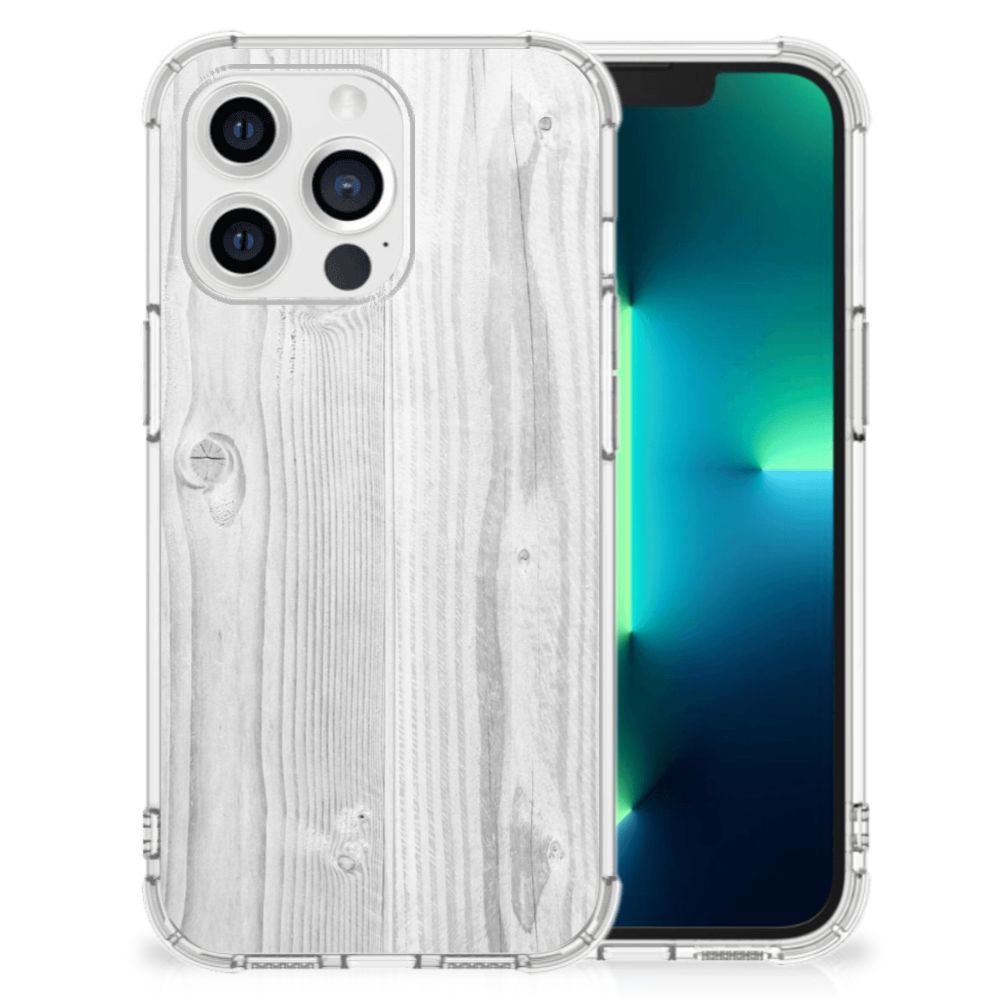 Apple iPhone 13 Pro Stevig Telefoonhoesje White Wood voorkant achterkant