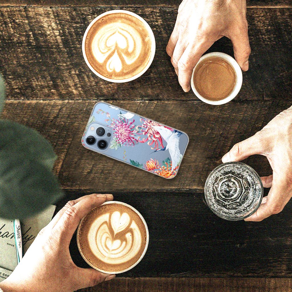 Apple iPhone 13 Pro TPU Hoesje Bird Flowers design bloemen aanzicht