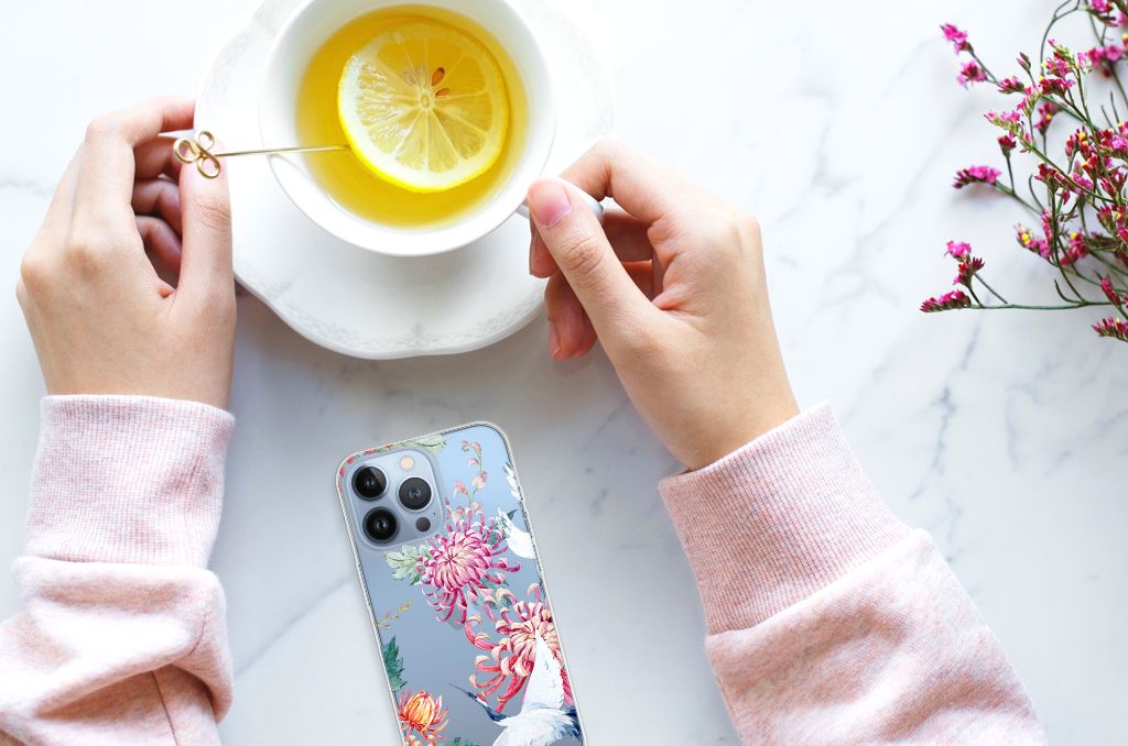 Apple iPhone 13 Pro TPU Hoesje Bird Flowers design bloemen aanzicht
